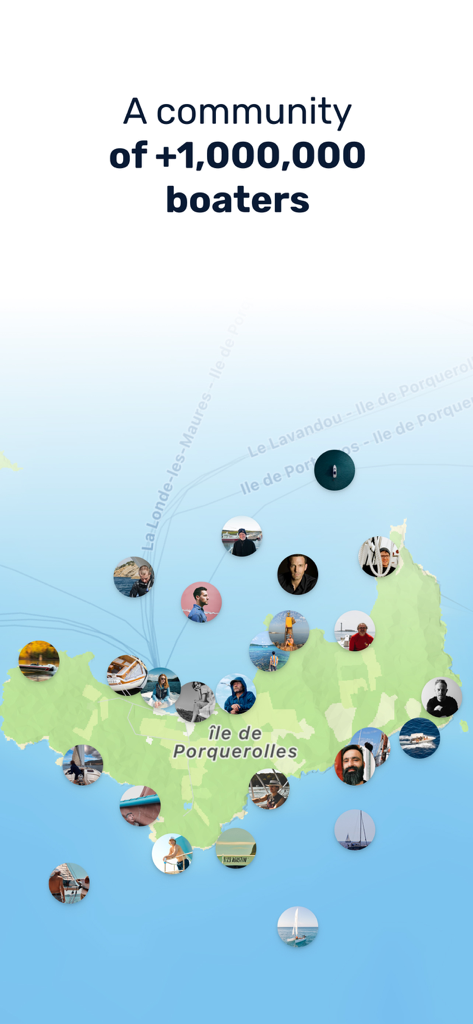 Map of Ile de Porquerolles showing user profile photos of the Navily boater community