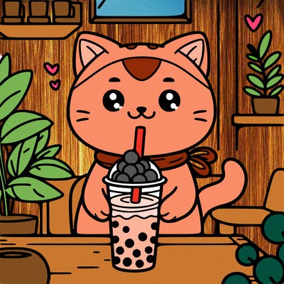 a cat drinking boba tea at a cafe