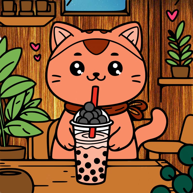 a cat drinking boba tea at a cafe