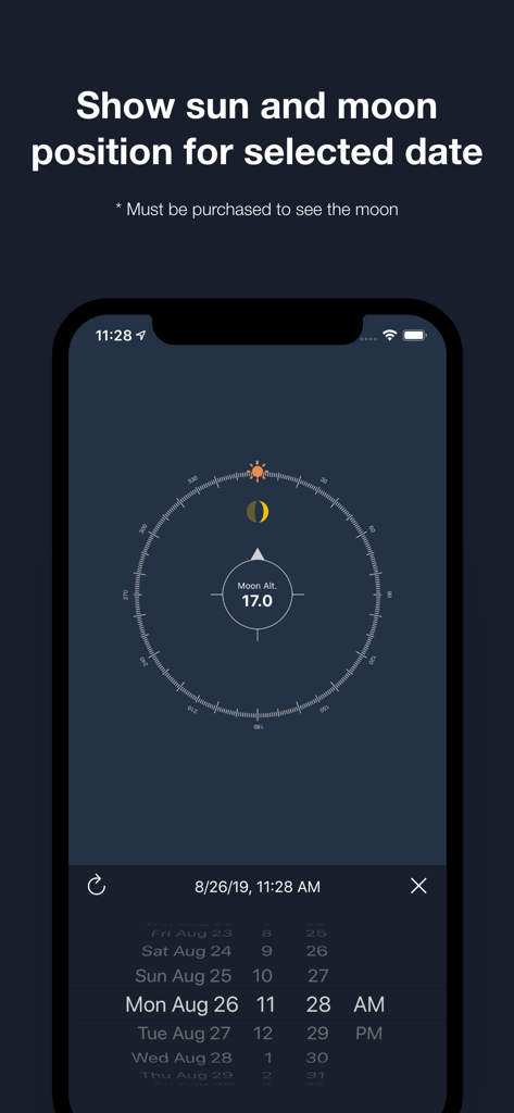SunLocation - SunLocation app interface showing moon position and altitude with a date picker