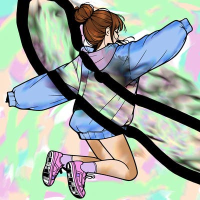 realistic girl jumping with a bun and oversized sweatshirt