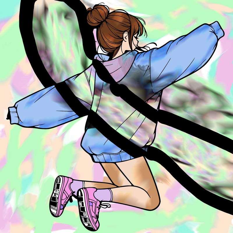 realistic girl jumping with a bun and oversized sweatshirt