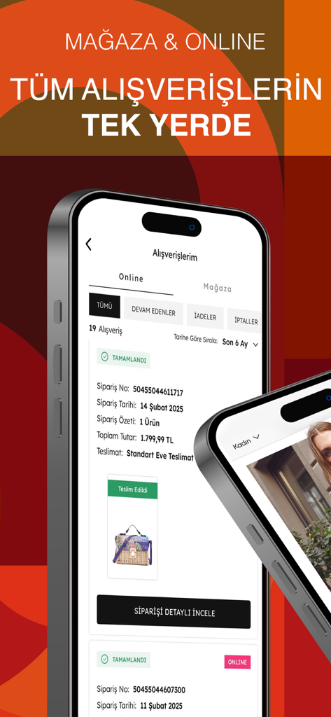 Derimod - Derimod mobile app showing the order history screen for tracking online and store purchases.