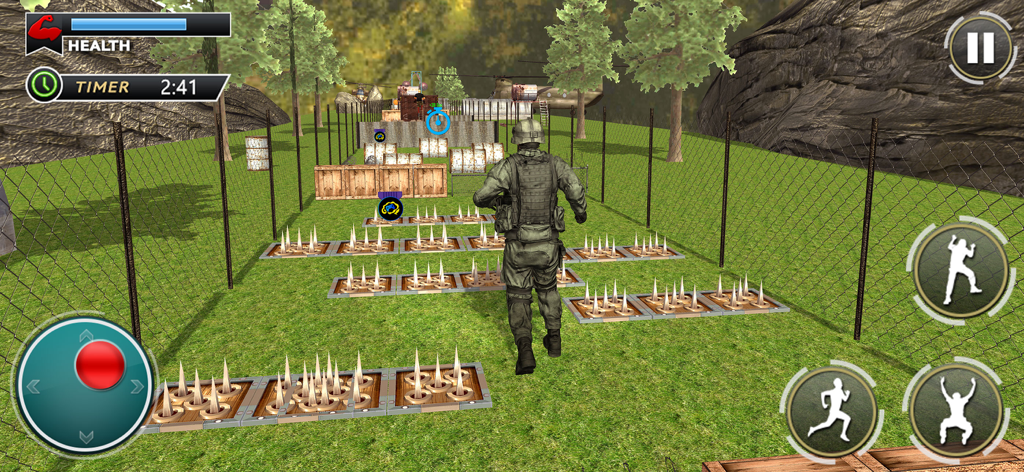 US Army Survival Training - A soldier navigating a dangerous spiked obstacle course in a military training simulation game