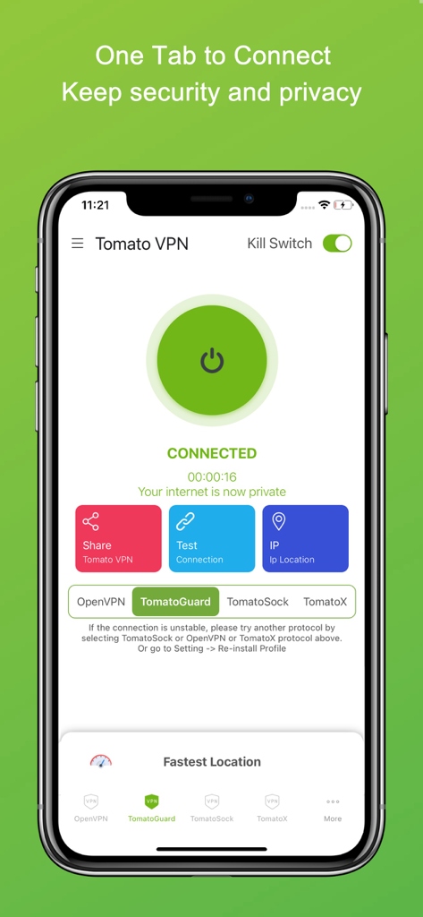 Tomato VPN - Hotspot VPN Proxy - Tomato VPN app interface showing the connected status with a one-tap power button.