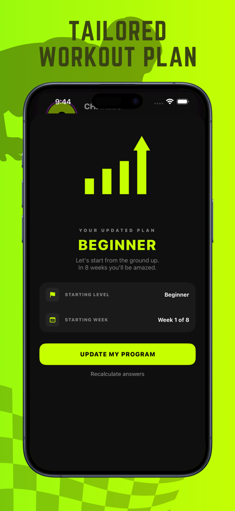 PushUp365 - Push Ups Counter - Interfaz de la aplicación PushUp365 que muestra un plan de entrenamiento adaptado para un principiante que comienza la semana 1 de 8.
