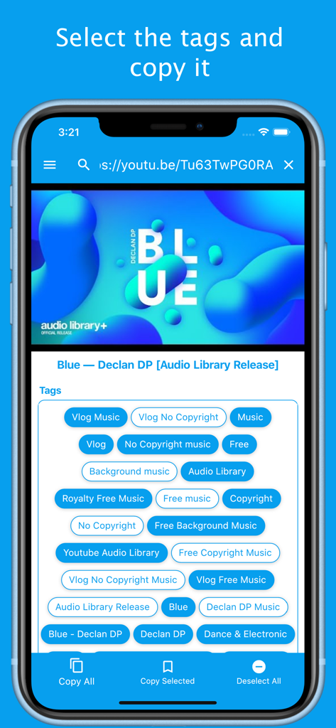 YT用タグアプリでコピーオプション付きの抽出されたYouTube動画タグを表示するインターフェース