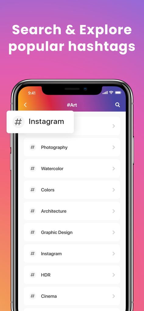 Smartphone screen showing a list of trending art hashtags like photography and watercolor in the Hashtagify app