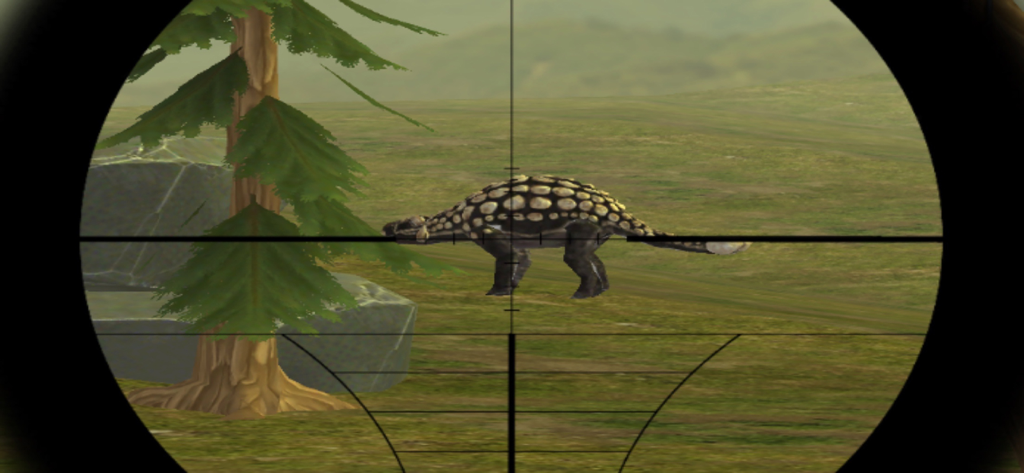 Sniper scope view targeting a dinosaur in a field