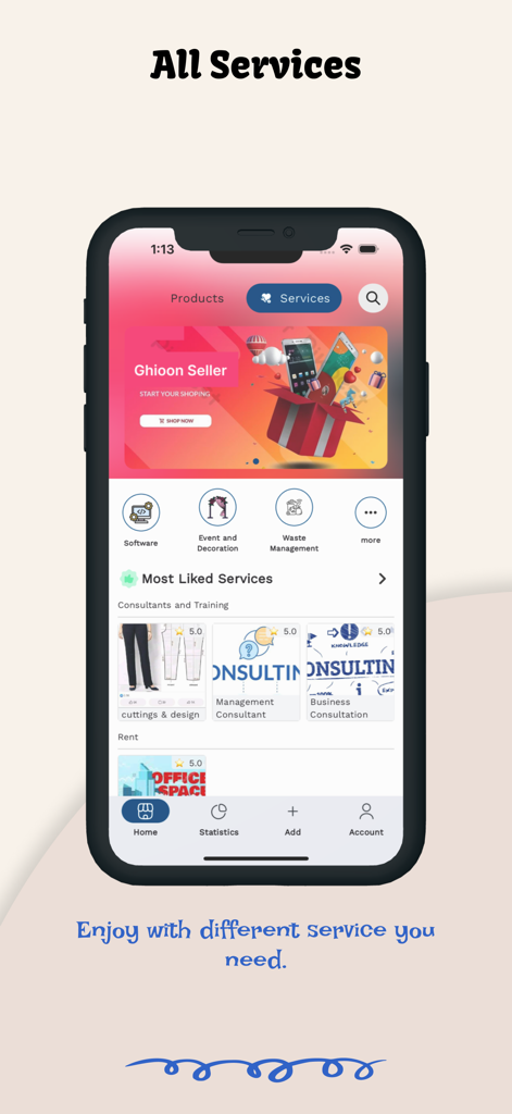 Ghioon B2B mobile app interface displaying various business services and categories