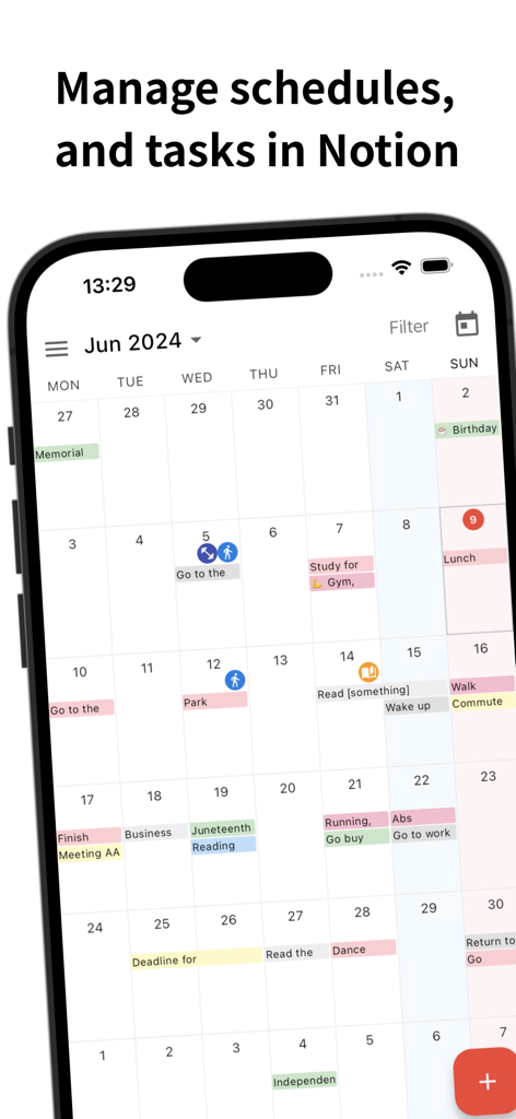 Sync Notion - Aplicación Sync Notion mostrando una vista de calendario mensual con tareas y eventos