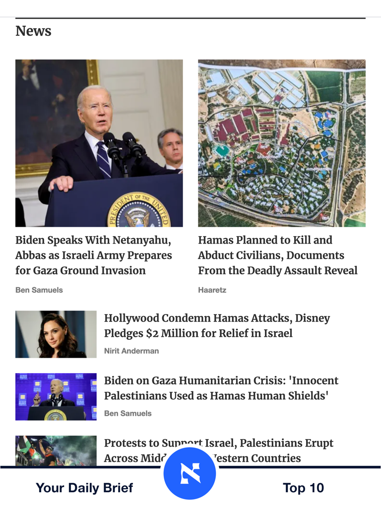 Nachrichten-Feed der Haaretz Tablet Edition App mit Schlagzeilen und Artikeln über Israel und internationale Politik