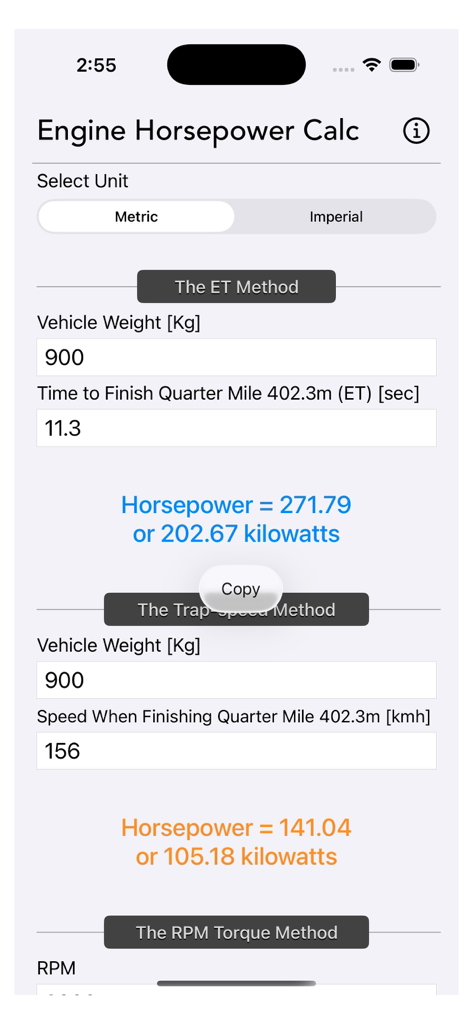 Interface of the Engine Horsepower Calculator app displaying ET and Trap speed calculation results.