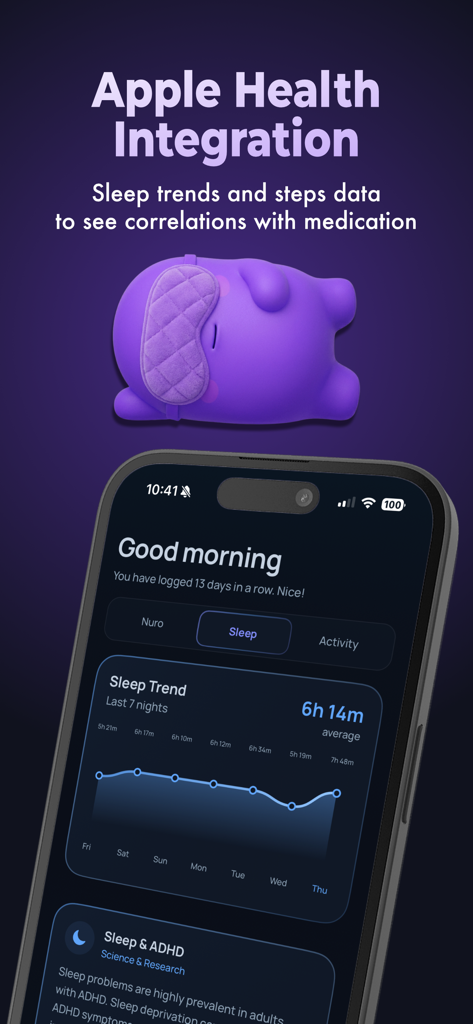 Nuro: ADHD Medication Tracker - Interfaz de la aplicación Nuro que muestra la integración de Apple Health con un gráfico de tendencia de sueño y datos de correlación de medicamentos.
