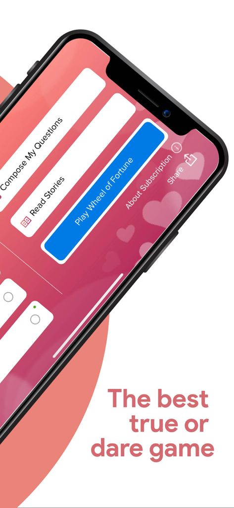 Truth or Dare app main menu showing options for wheel of fortune and stories.