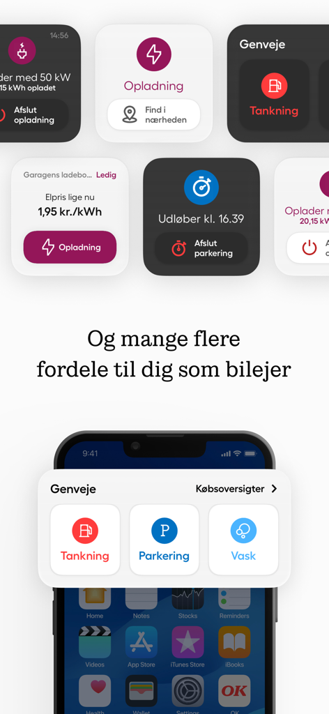 OK app interface with mobile widgets for refueling parking and EV charging