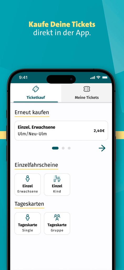 unser-DING - Screenshot of the ticket purchase interface in the unser-DING transit app for the Ulm region