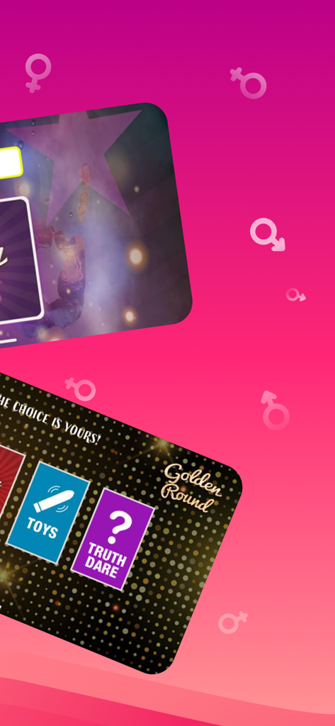 Passion Playアプリの「真実か挑戦」と「おもちゃ」のゲームカテゴリを表示するインターフェース。