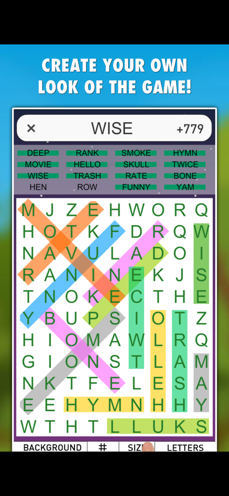カラフルな単語のハイライトが付いた単語検索パズルと、背景と文字スタイルのカスタマイズメニュー。