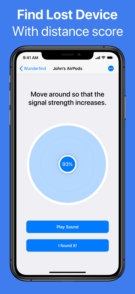 Smartphone screen of Wunderfind app showing a distance score radar to find lost AirPods