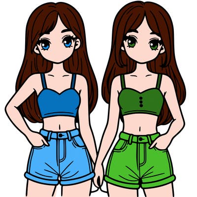 two sisters with crop tops and jean shorts and straight hair