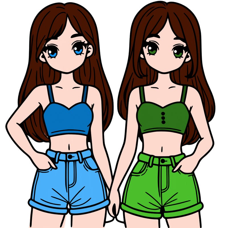 two sisters with crop tops and jean shorts and straight hair