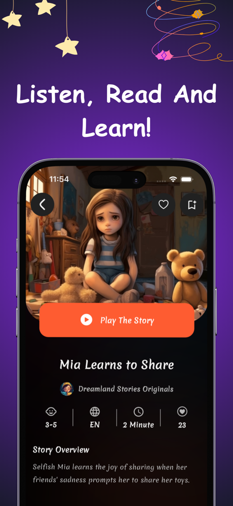 Dreamland: Create Kids Stories - Interface do aplicativo Dreamland mostrando uma história sobre Mia aprendendo a compartilhar com opções de narração de áudio