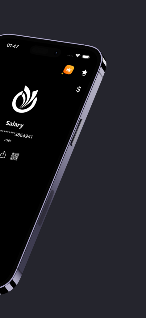 IBAN | Swift Wallet Account - App IBAN Swift Wallet che mostra il conto stipendio HSBC e la condivisione del codice QR