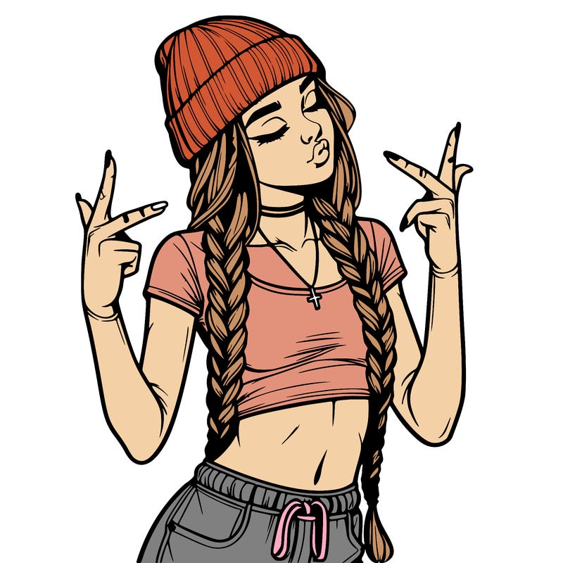 realistic teenage girl with braids and a beanie and crop top doing 🫶🏼