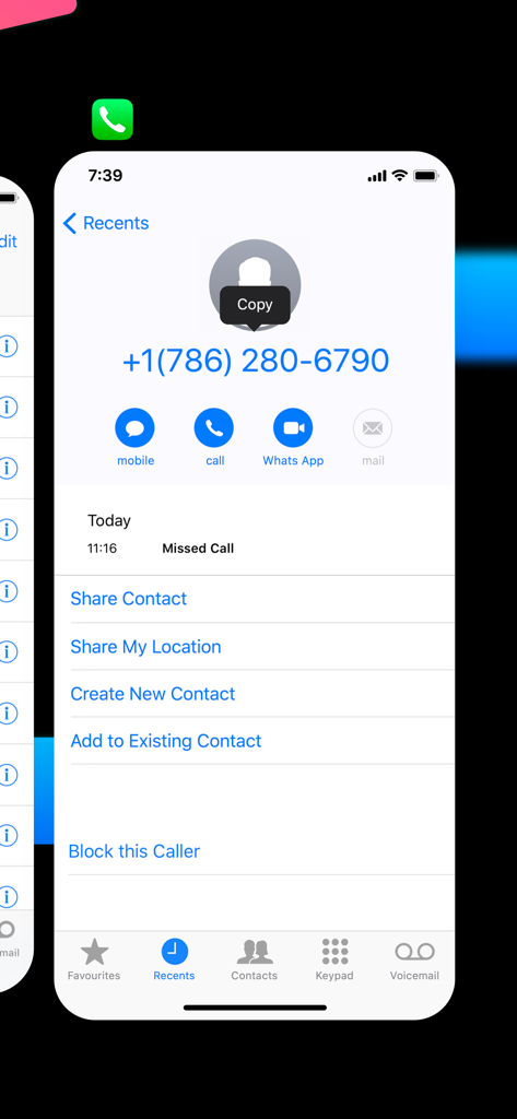 Direct Message for WhatsApp - Interface showing a phone number in the call log being copied to start a direct WhatsApp message without saving the contact