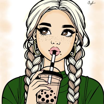 realistic girl with braided hair drinking boba