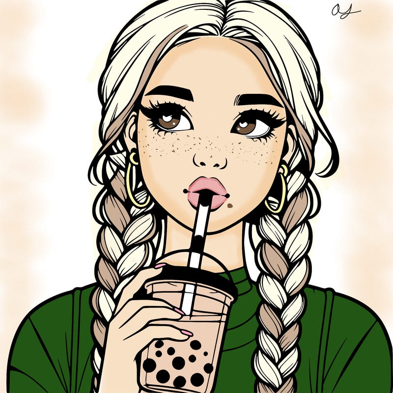 realistic girl with braided hair drinking boba