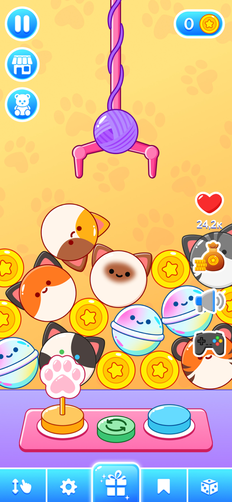 A colorful claw machine mini-game with cute round animal characters and gold coins for kids.