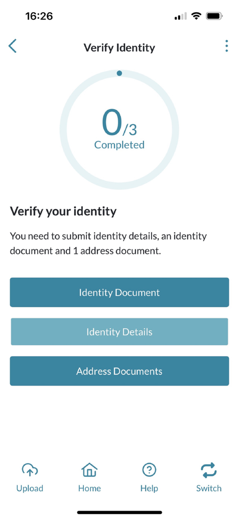 The identity verification screen of the eCOS Legal app displaying document upload requirements and progress