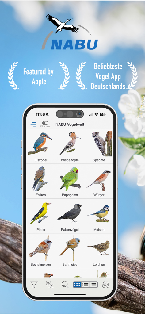 NABU Vogelwelt - NABU Vogelweltモバイルアプリのメイン画面。識別用の様々な鳥種のグリッドが表示されています。