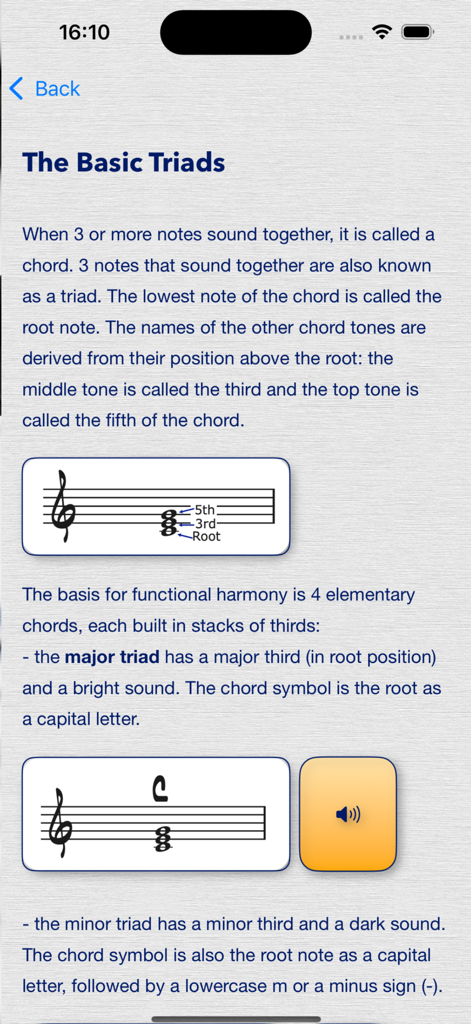 Jazz & Pop Harmony /w Analysis - A music theory lesson screen explaining basic triads with staff notation and audio playback examples.