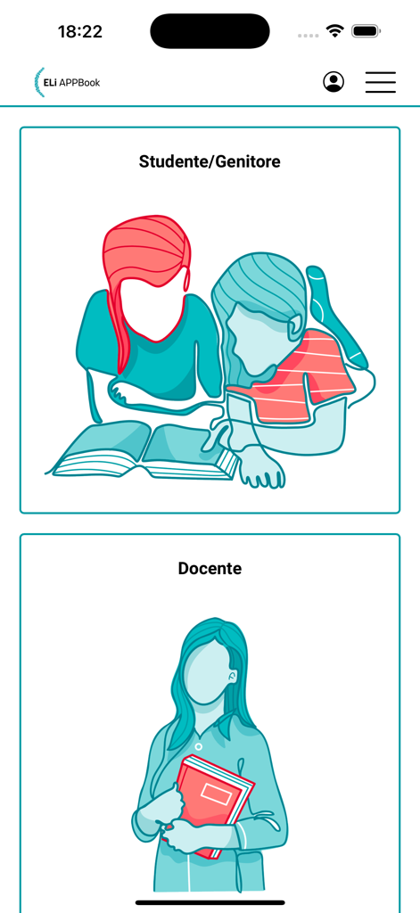 ELi APPBook welcome screen showing selection options for students parents and teachers