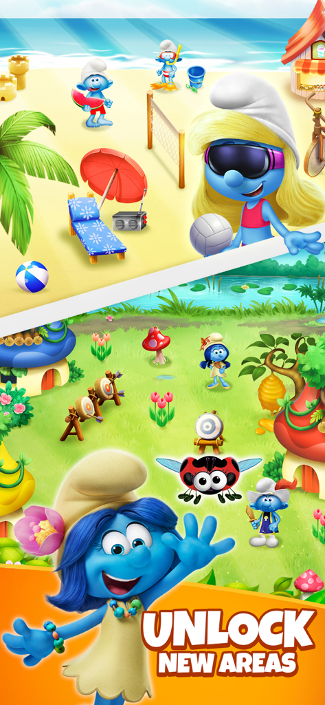Smurfette waving in front of beach and forest scenes with the text Unlock New Areas