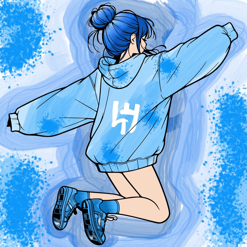 realistic girl jumping with a bun and oversized sweatshirt
