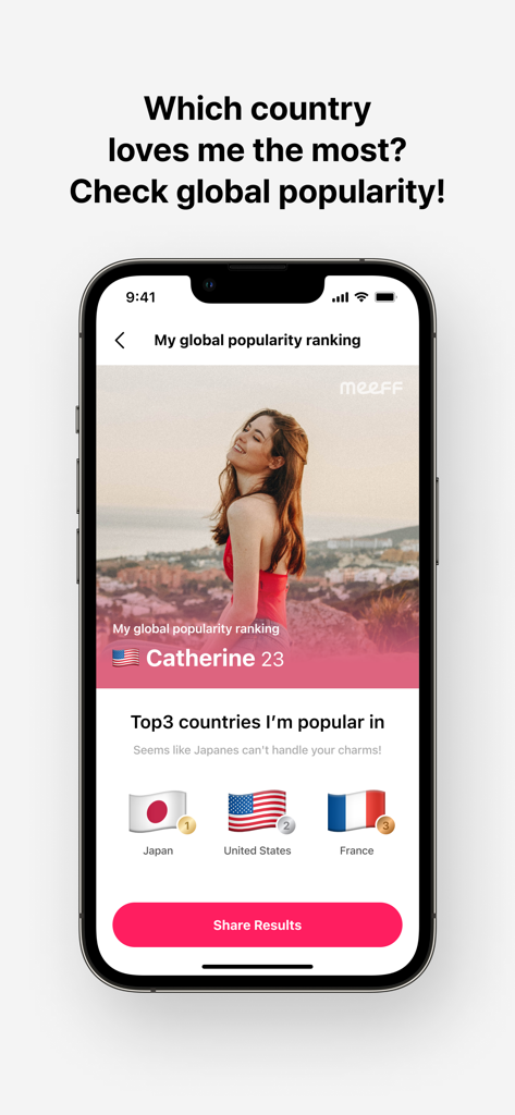 Mobile app interface showing a users popularity ranking across different countries