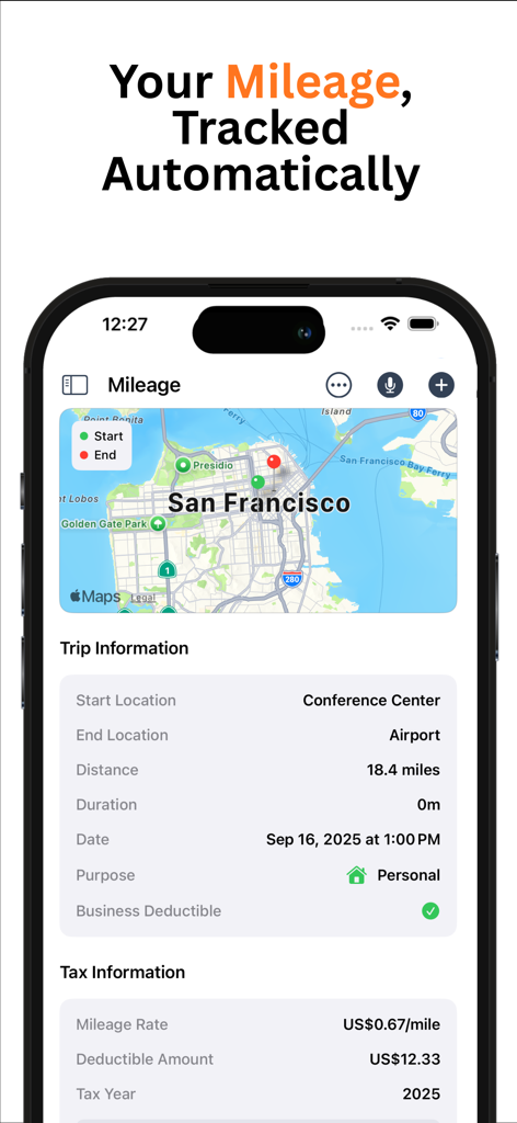 Invoice Manager - Interface of Invoice Manager app showing automatic GPS mileage tracking with map and tax deduction details