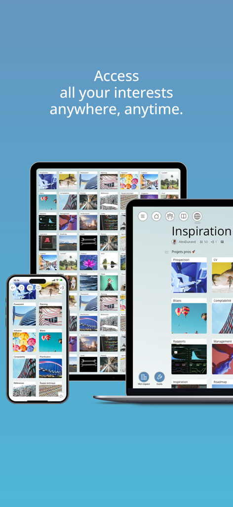 Pearltrees - Pearltrees app interface showing visual collections synchronized across an iPhone, iPad, and laptop