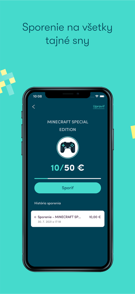 SMARTIE mobile app interface showing a savings goal for a Minecraft game with a progress bar