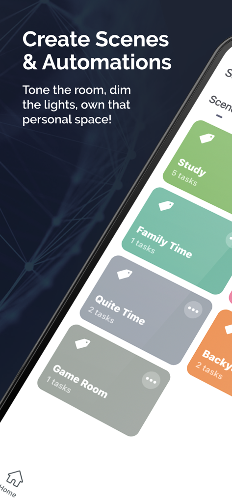 Starfish Smart Lighting app interface displaying custom lighting scenes and automations for study and family time