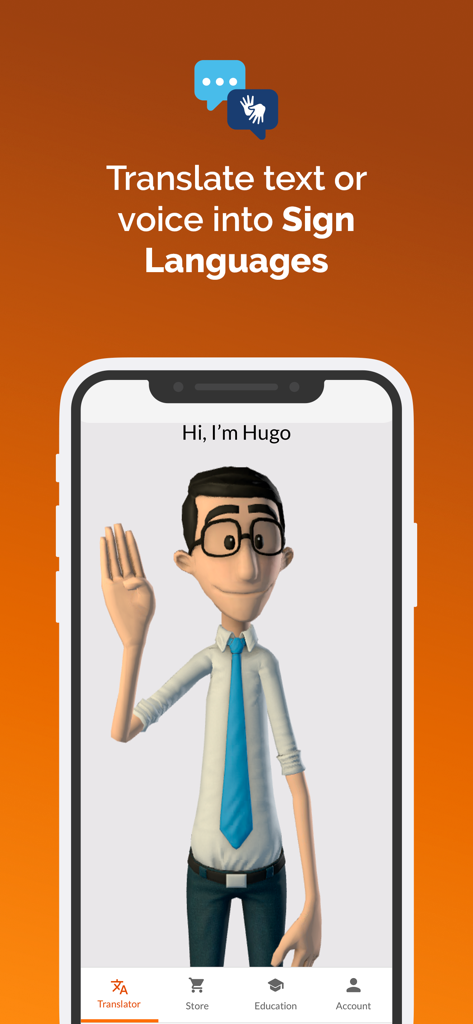 Hand Talk app interface showing Hugo the 3D avatar translating voice and text to ASL