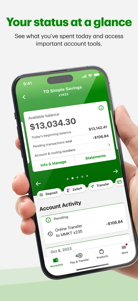 TD Bank (US) - Un smartphone affichant le tableau de bord de l'application TD Bank US avec un solde de compte et des transactions récentes