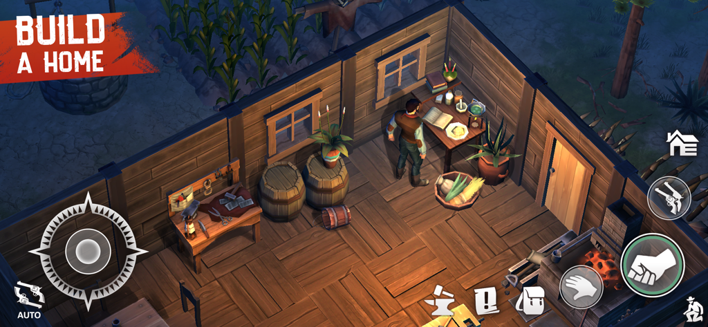 A cowboy character inside a wooden cabin with a workbench and barrels in Westland Survival