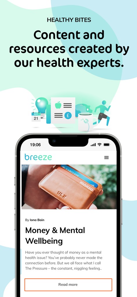 Breeze: Health & Wellbeing - Breeze app Healthy Bites screen showing an article about money and mental wellbeing