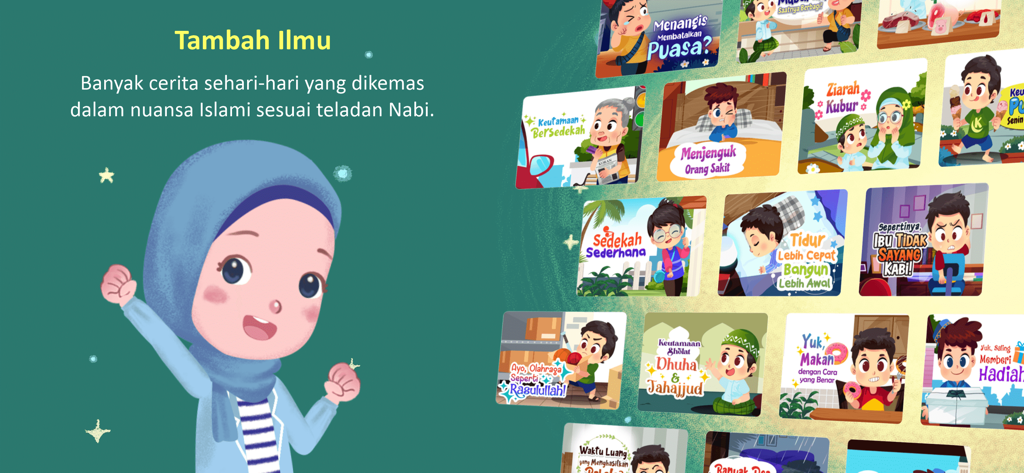 Kabi Story Book - Uma menina de desenho animado em um hijab azul torcendo ao lado de uma coleção de miniaturas de histórias diárias islâmicas para crianças.