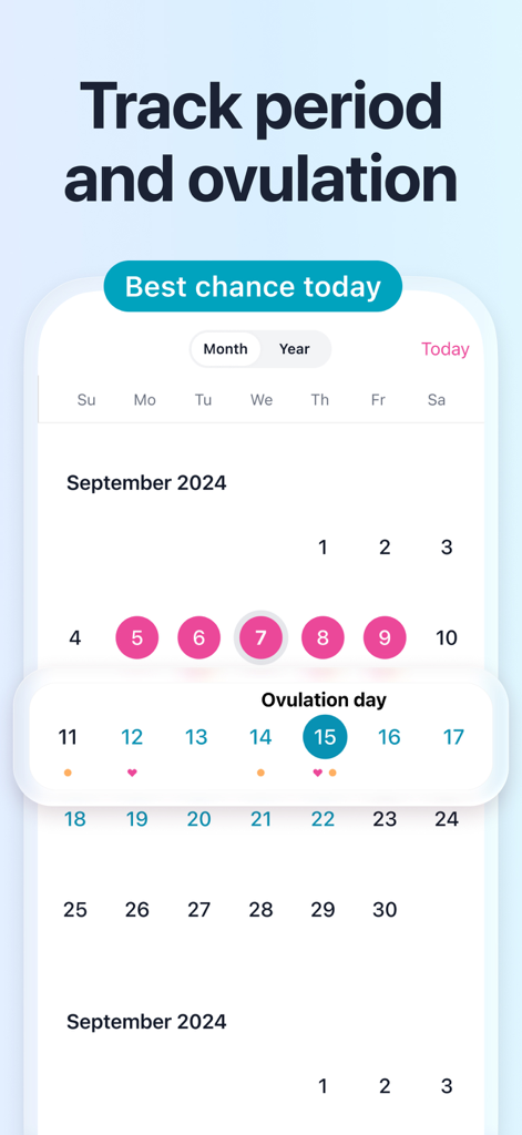 Interface de l'application Pregmate montrant une vue calendrier avec le suivi des règles et le jour prédit de l'ovulation